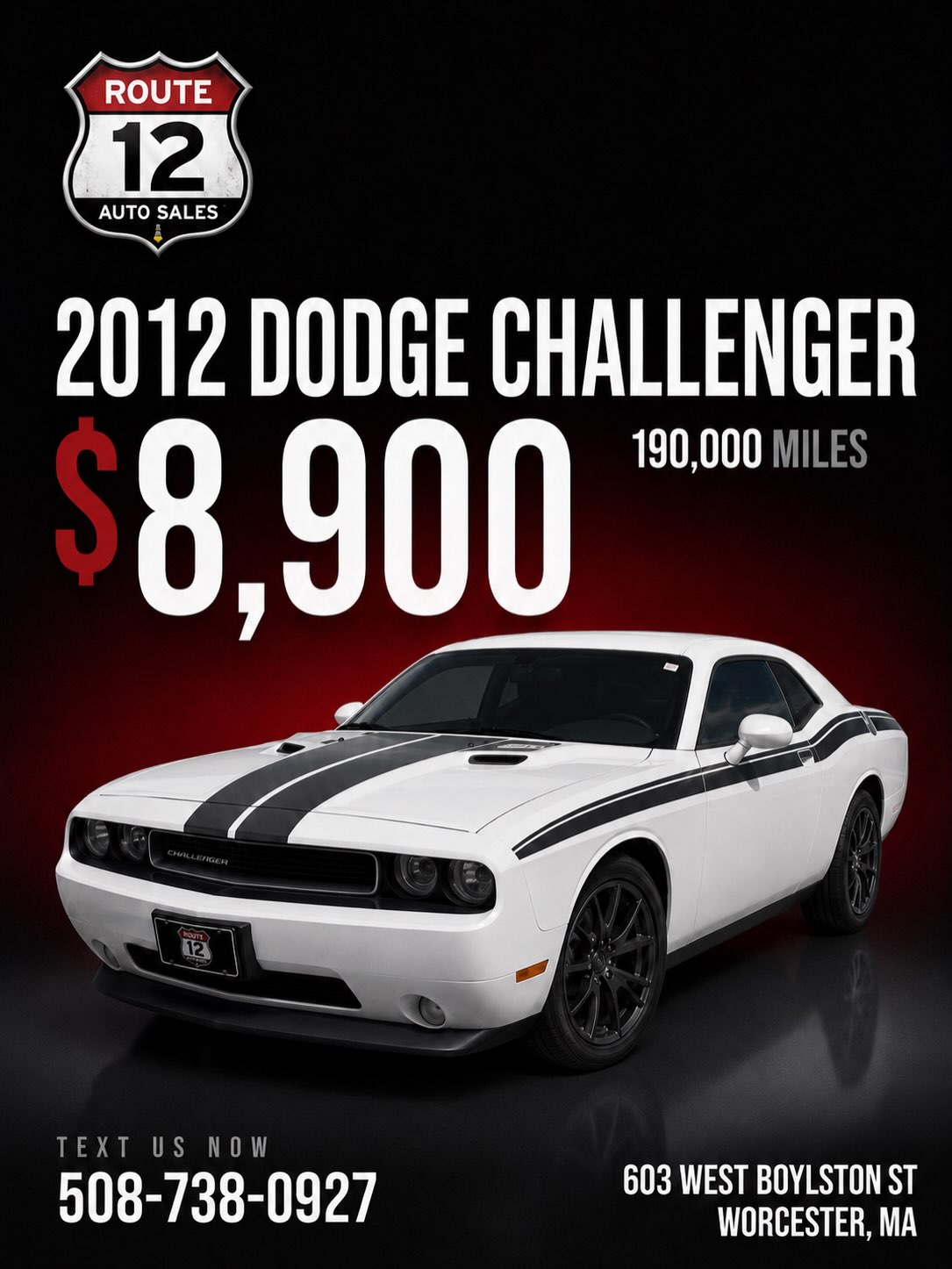 2012 Dodge Challenger in white with black stripes for sale in Worcester, MA